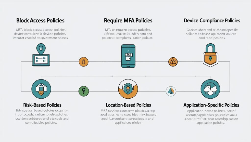 Block Access Policies, Require MFA Policies, Device Compliance Policies, Risk-Based Policies, Location-Based Policies, Application-Specific Policies