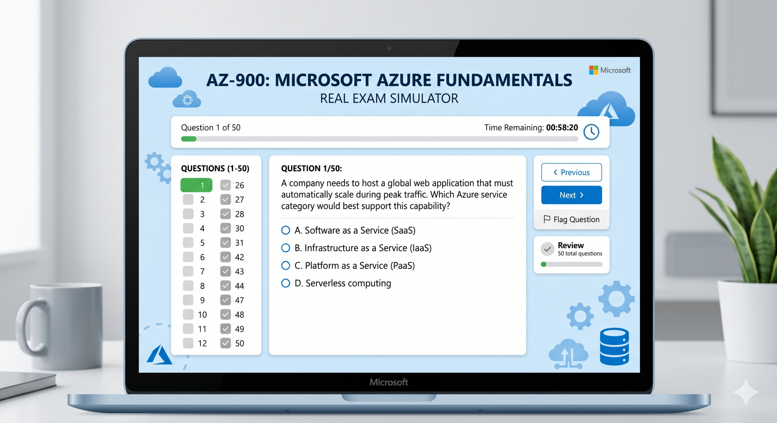 50-question AZ-900 Real Exam Simulator