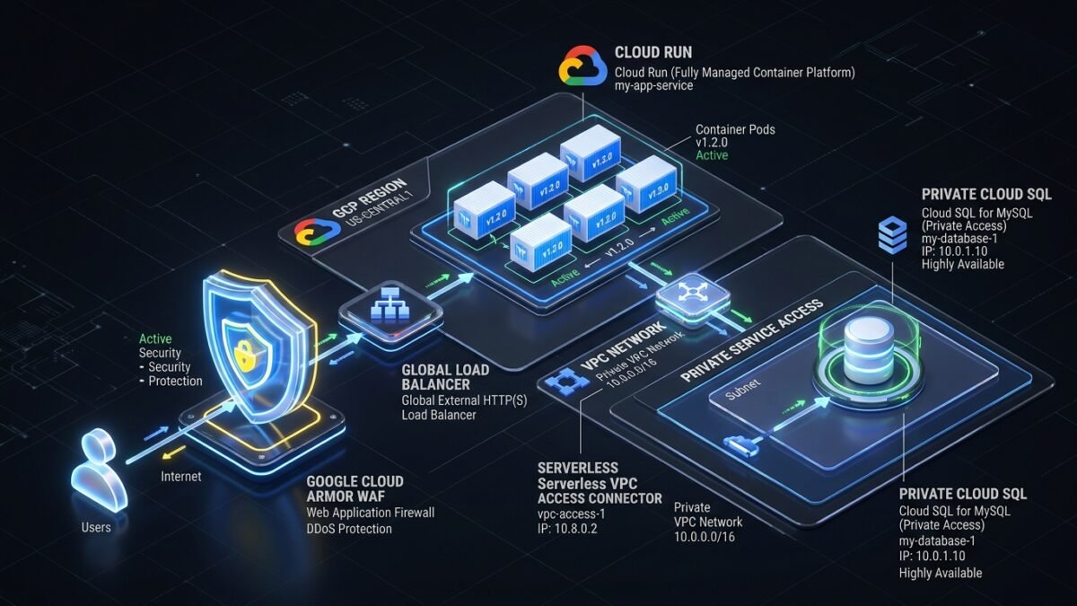 GCP Cloud Run Enterprise Architecture: Serverless VPC Access, Private Ingress Hardening, Cloud Armor WAF & Secret Manager